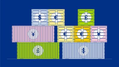 Cosa sono le valute e qual è il loro ruolo nel commercio internazionale - illustrazione con mattoncini e container con scritte sopra le valute