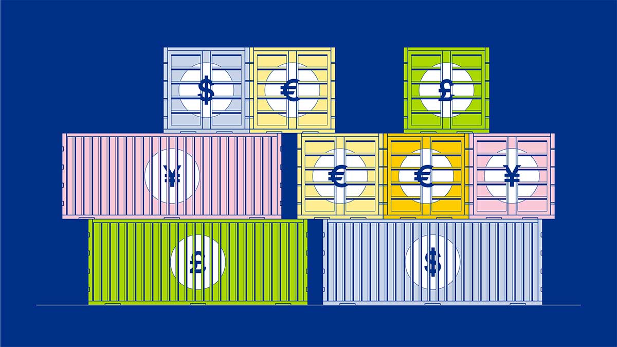 Cosa sono le valute e qual è il loro ruolo nel commercio internazionale - illustrazione con mattoncini e container con scritte sopra le valute