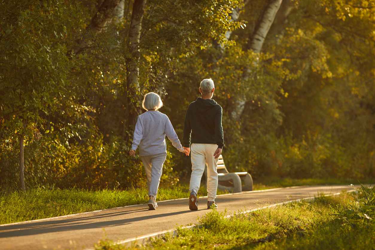 Coppia anziana che passeggia nel parco
